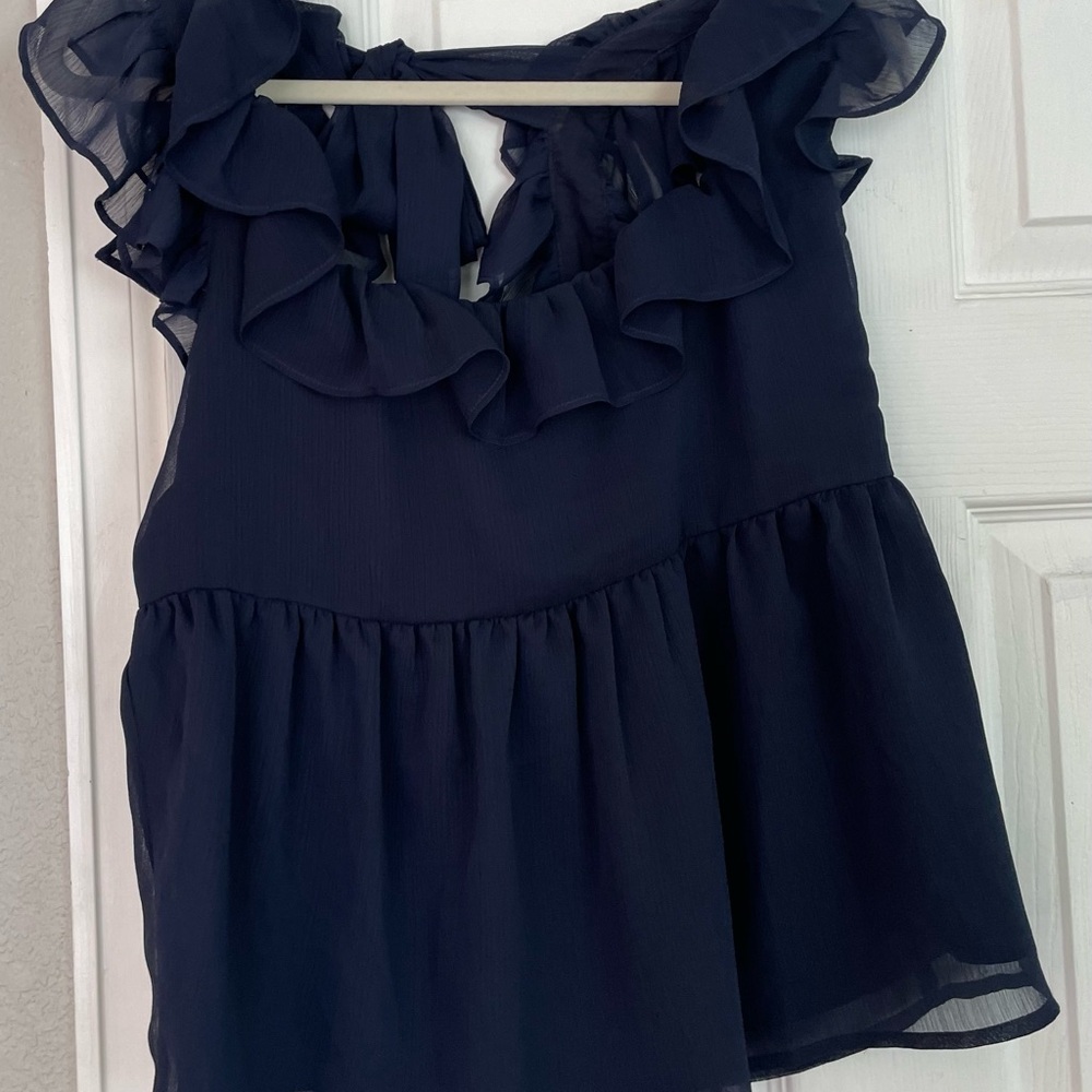 Navy Ruffle Sleeveless Blouse